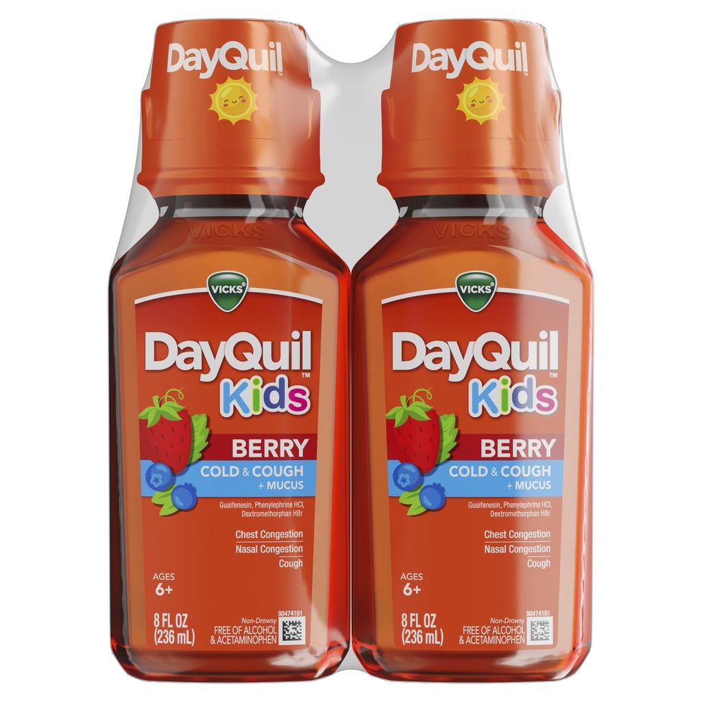 Vicks Kids DayQil Berry Cold & Cough Medicine Co-Pack, Ημερήσια ανακούφιση πολλαπλών συμπτωμάτων, Great-Tasting Berry Flavor, Χωρίς αλκοόλ & Acetamophen, Για ηλικίες 6+, 2x8oz