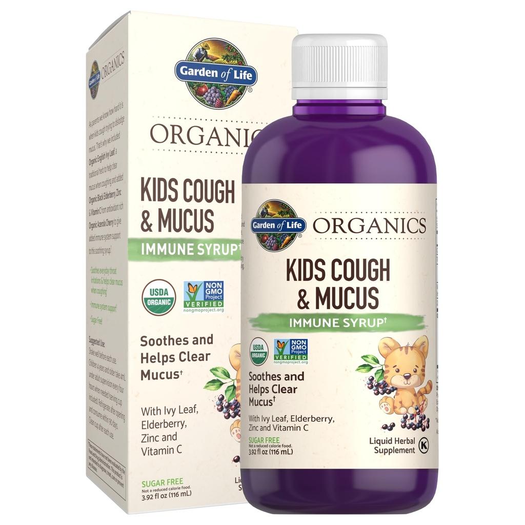 Κήπος της Ζωής Βιολογικά Elderberry & Ψευδάργυρος για την υποστήριξη του ανοσοποιητικού, Παιδιά Βήχα & Mucus Ανοσοποιητικό Σιρόπι με κισσό Φύλλο, Βιταμίνη C και Echinacea για Παιδιά, Χωρίς Αλκοόλ, Χωρίς Προστιθέμενα Σάκχαρα, 3.92 fl oz