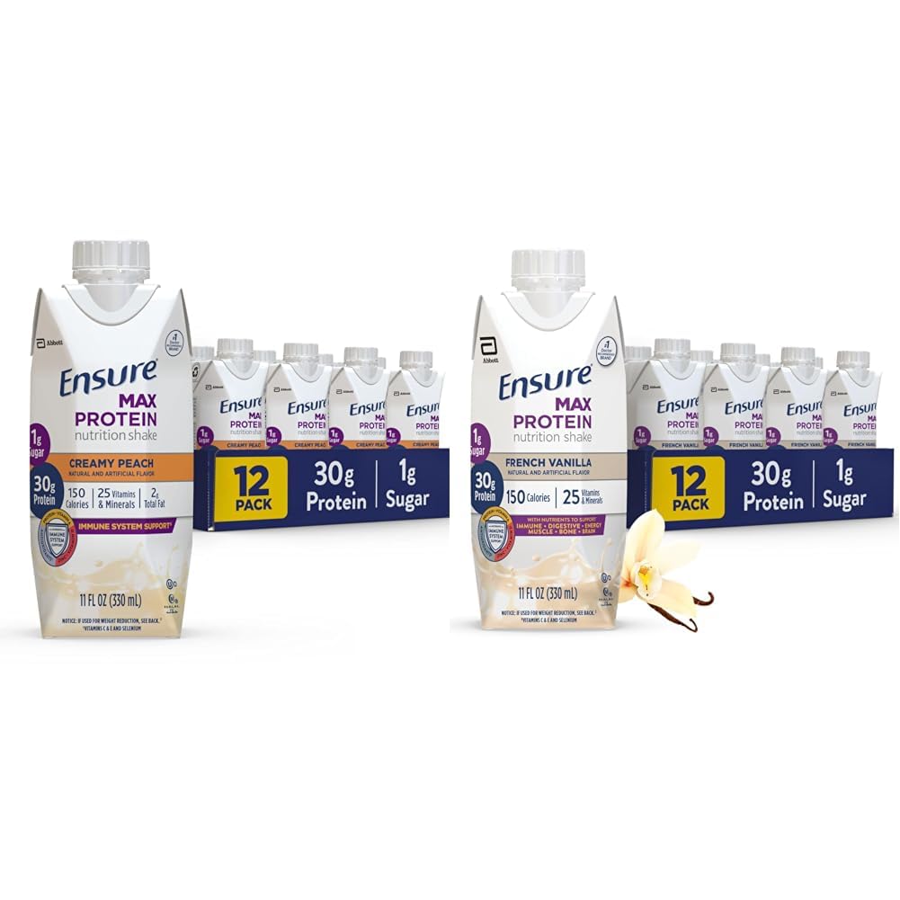 Ensure Max Protein Nutrition Shake with 30g Protein, 1g Sugar, High Protein Shake, Creamy Peach & French Vanilla, Liquid, 11 fl oz (Pack of 12)