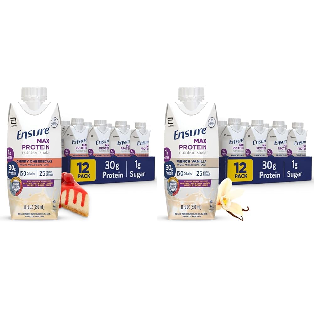 Ensure Max Protein Nutrition Shake with 30g Protein, 1g Sugar, High Protein Shake, Cherry Cheesecake & French Vanilla, 11 fl oz, Pack of 12