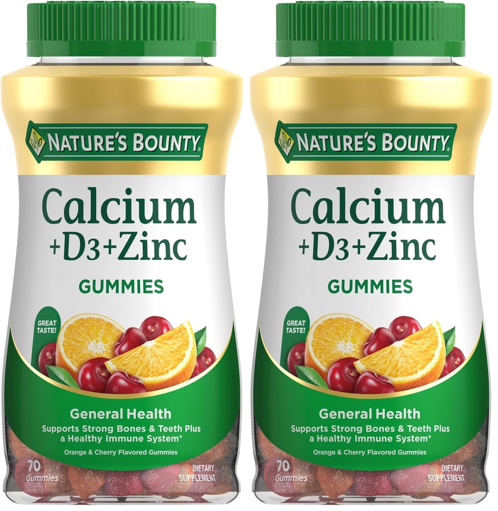 Nature's Bounty Calcium + D3 + Ψευδάργυρος Gummies, Υποστηρίζει ισχυρά οστά & δόντια Plus ένα υγιές ανοσοποιητικό σύστημα, 500mg, Πορτοκαλί και κεράσι Γεύση, 70 Gummies (πακέτο του 2)