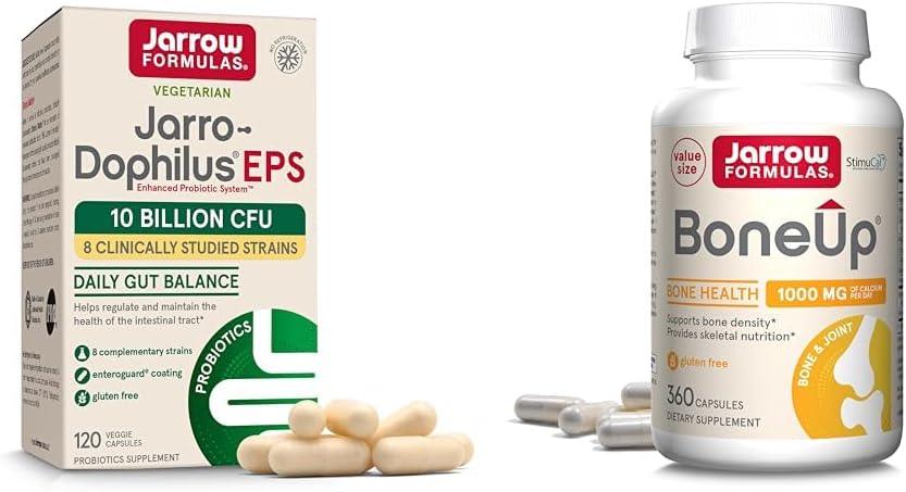 Jarrow Formulas Probiotics & Bone Support Supplement Bundle with Jarro-Dophilus EPS 10 Billion CFU and BoneUp with Vitamin D3, K2 & Calcium