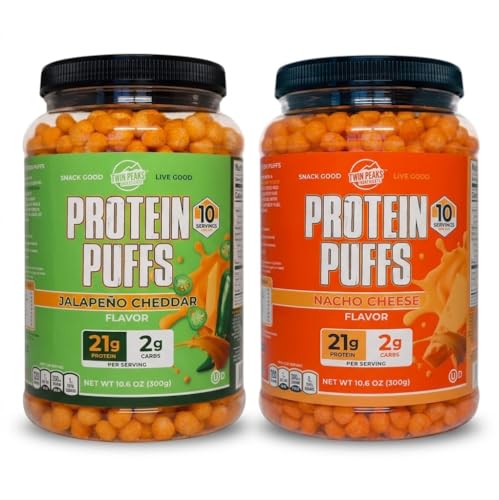 Twin Peaks Protein Puffs Variety Pack (Nacho Cheese & Jalapeño Cheddar) – Κετοφιλικό, χαμηλό σνακ υδατανθράκων (300g έκαστο), 21g πρωτεΐνη, 2g καθαρό υδατάνθρακες, Crunchy High-Protein Snack