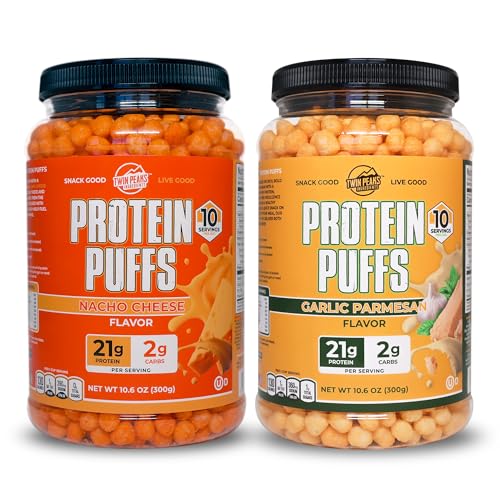 Twin Peaks Low Carb, Keto Friendly Protein Puffs, 1 Jug σκόρδο Παρμεζάνα Flavor Puffs + 1 Jug Nacho τυρί Flavor Puffs
