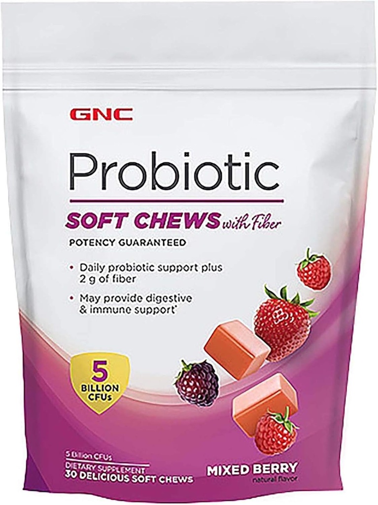 GNC Probiotic μαλακά μάσημα με ίνες - μικτό μούρο, 30 μάσημα, υποστηρίζει Digestive και ανοσοποιητική υγεία