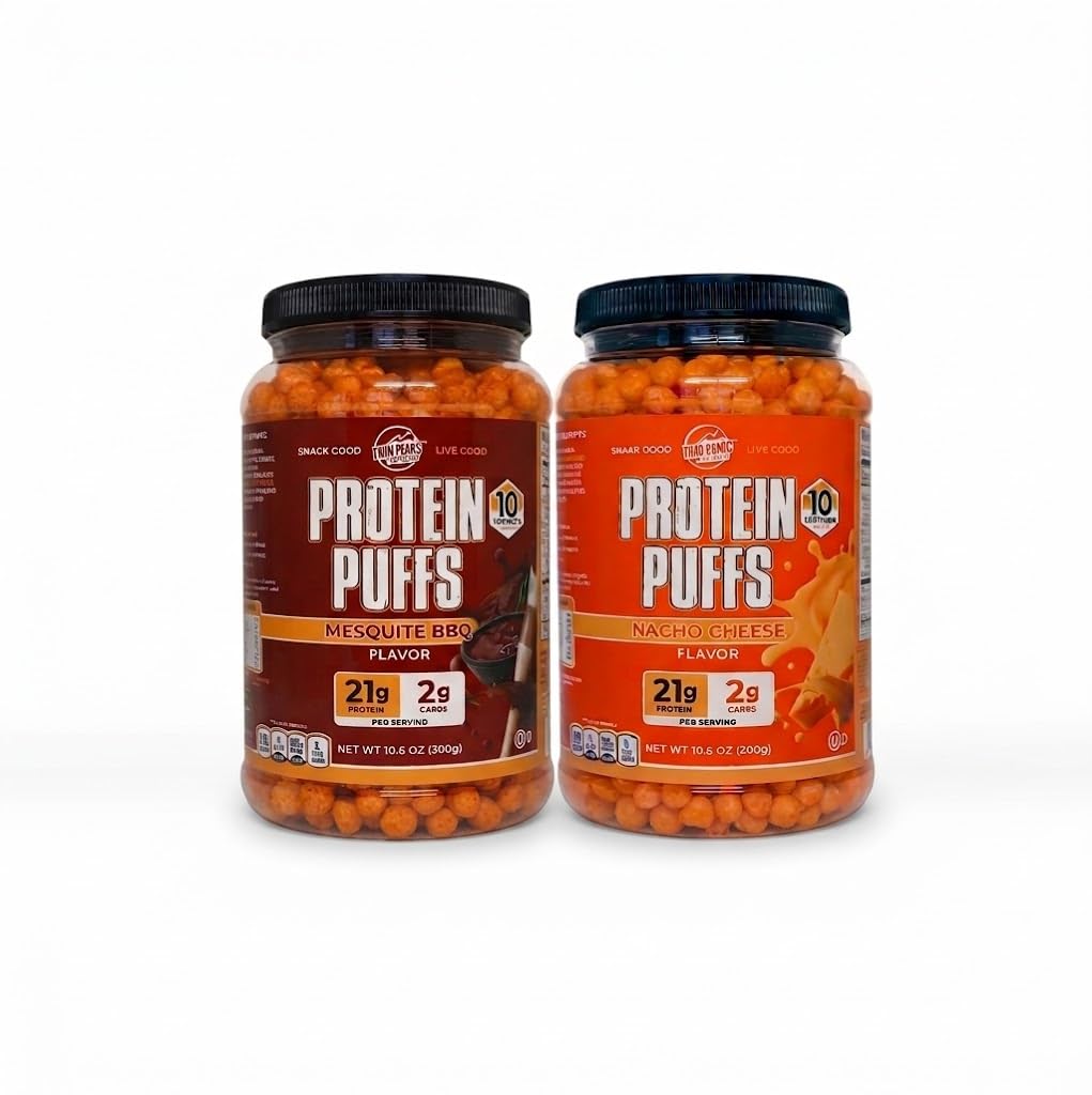 Twin Peaks Protein Puffs Variety Pack (Nacho Cheese & Mesquite Barbecue) – Κετοφιλικό, χαμηλό σνακ υδατανθράκων (300g έκαστο), 21g Πρωτεΐνη, 2g Καθαρό υδατάνθρακες, Κρανσύ Σνακ υψηλής πρωτεΐνης