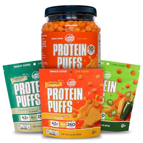Twin Peaks Low Carb, Keto Φιλικές Πρωτεΐνης Puffs, 3 Τσάντες Ποικιλόμορφων Συσκευασιών Γεύσης + 1 Jug Nacho Τυρί Γεύσης Puffs