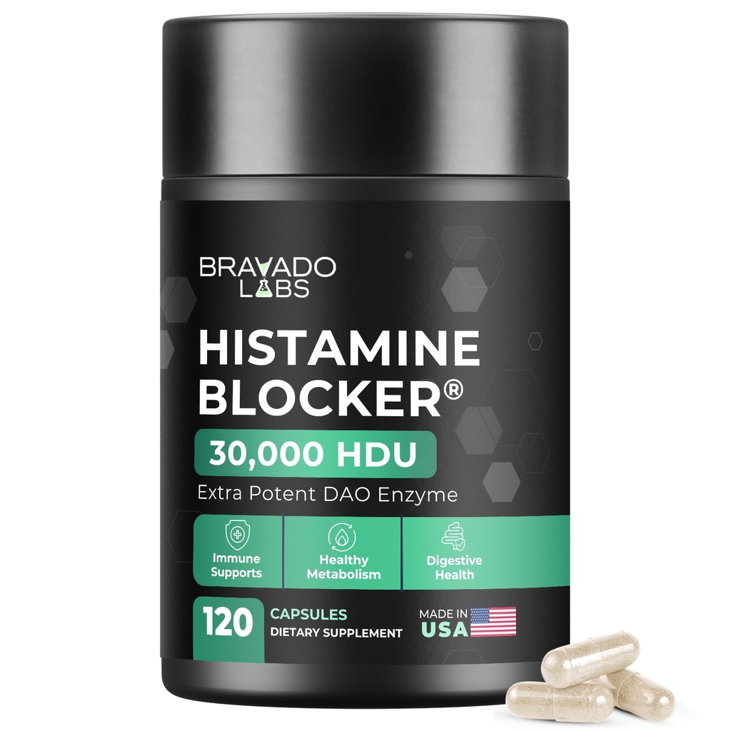 Bravado Labs DAO Συμπληρώματα Blocker ισταμίνης - Επιπλέον δύναμη 30.000 HDU Ένζυμο DAO + Οξειδάση διαμίνης & βιταμίνη C για την καθημερινή ισταμίνη Μεταβολισμός & ανοσοποιητική υποστήριξη - 120ct