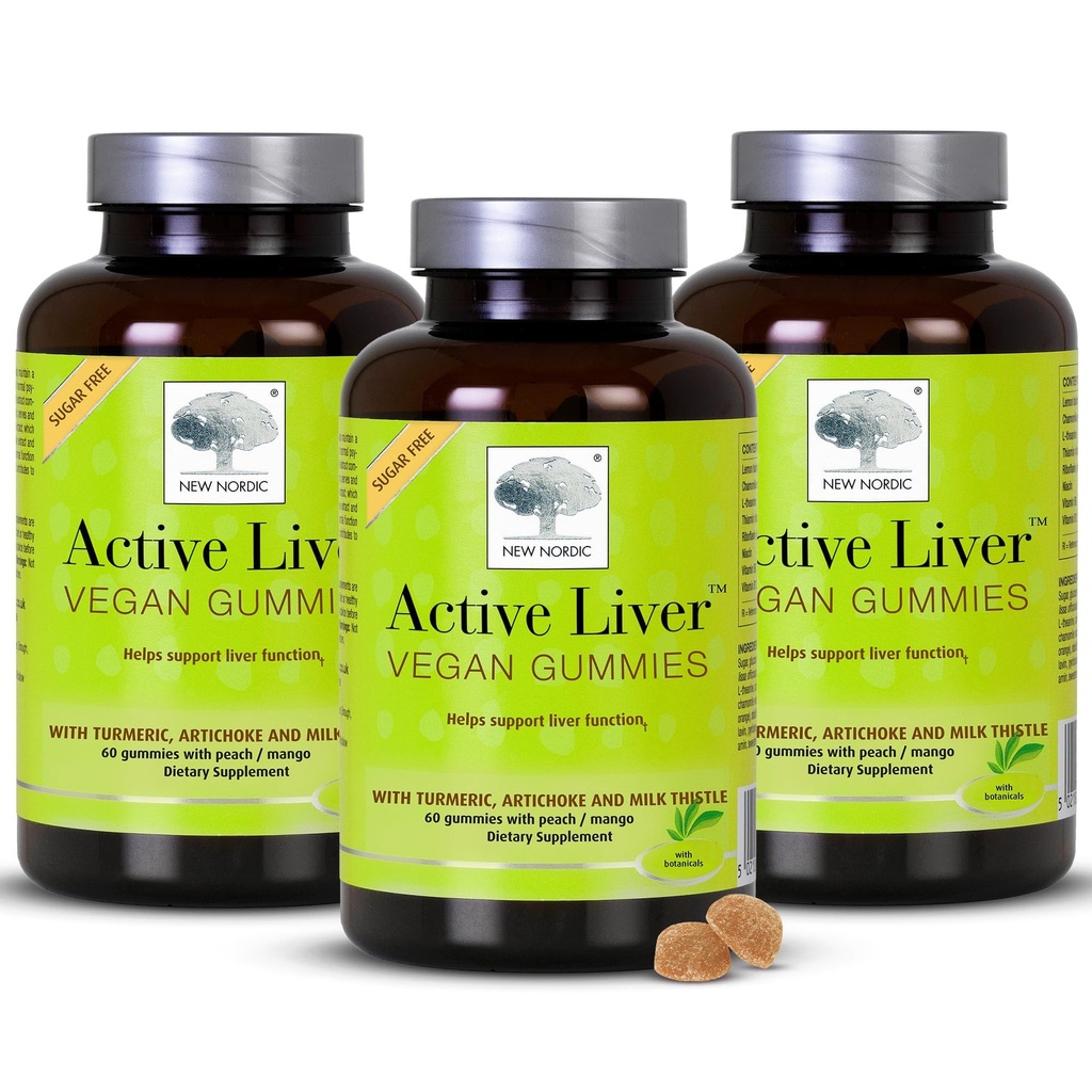 New Nordic Active Liver Gummies, Milk Thistle, Artichoke & Turmeric Supplement, Φυσικό Ροδάκινο & Μάνγκο Γεύση, Ζάχαρη Χωρίς & Vegan, 60 Count (Pack of 3)