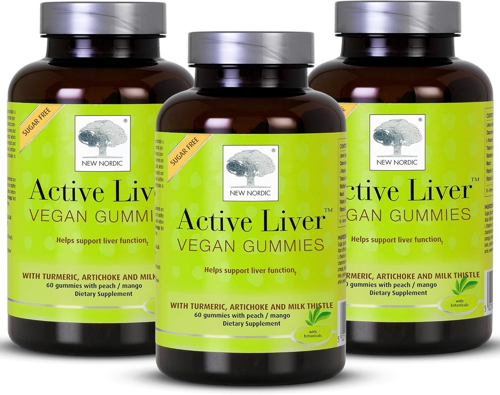 New Nordic Active Liver Gummies, Milk Thistle, Artichoke & Turmeric Supplement, Natural Peach & Mango Flavor, Sugar Free & Vegan, 60 Count (Pack of 3)