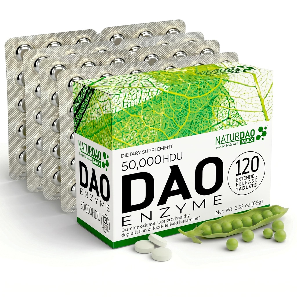 MAX DAO Enzyme Supplement 120 Tablets, 50.000 HDU ανά Tablet Ρυθμιζόμενη Δοσολογία, Εκτεταμένη απελευθέρωση, Blocker ισταμίνης