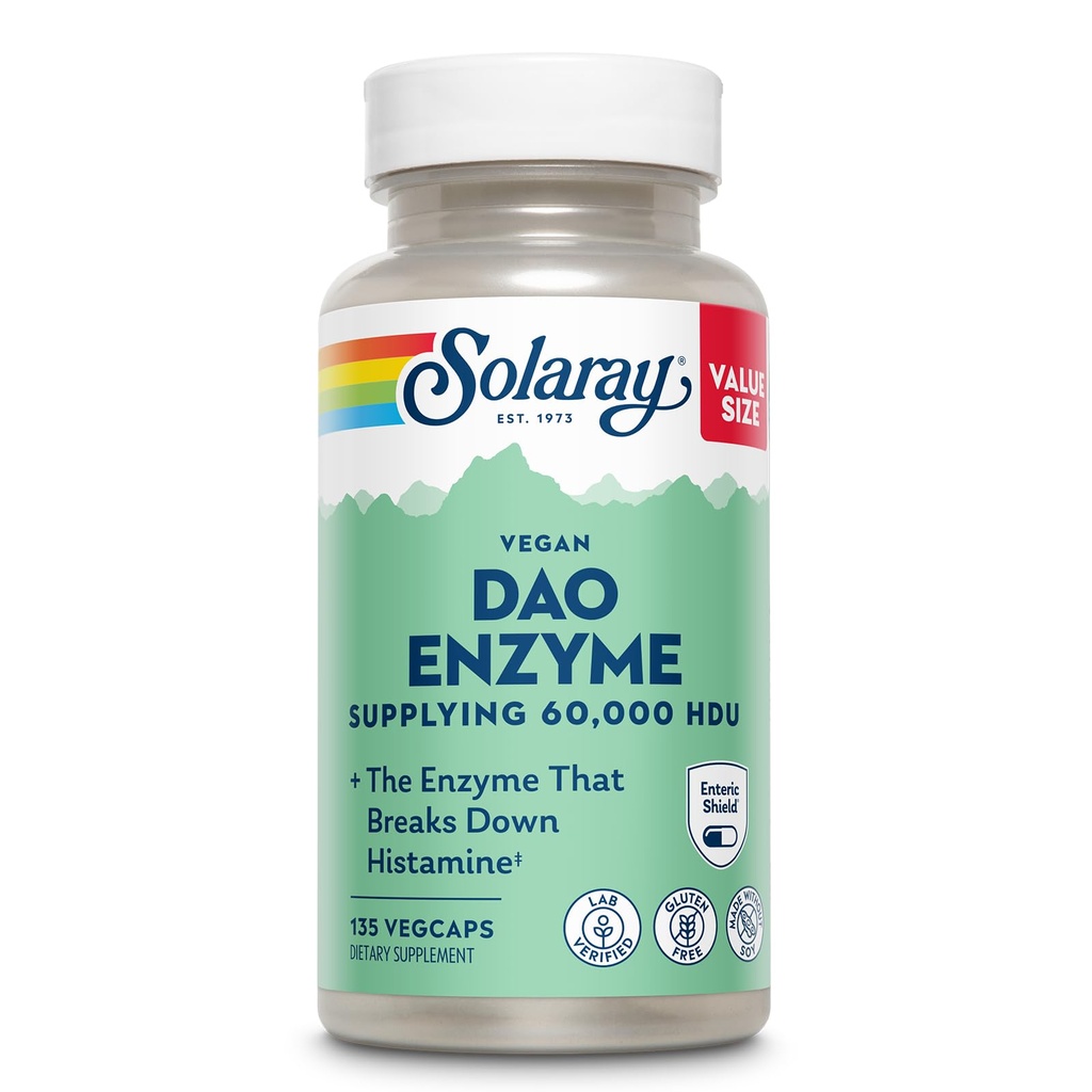 SOLARAY DAO Enzyme - Digestive Enzyme που διασπά την ισταμίνη - 60.000 HDU - Digestive Enzymes - Vegan, Gluten Free, Lab Επαληθευμένο - 135 Servings, 135 VegCaps