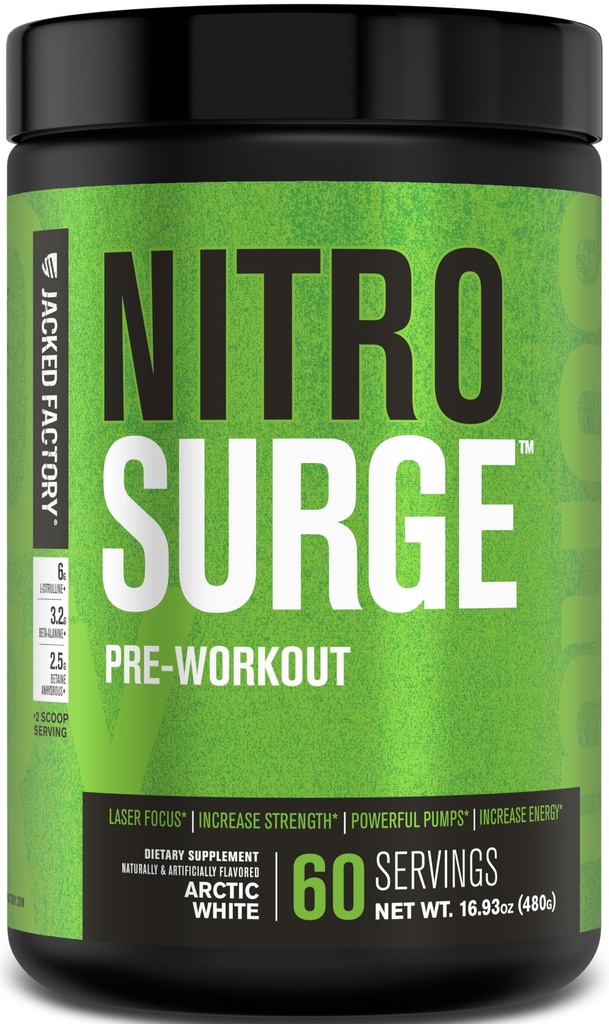 Jacked Factory NITROSURGE Preworkout Supplement - Ατελείωτη Ενέργεια, Άμεση Ενίσχυση Κερδίζει, Καθαρή Εστίαση, Έντονες Αντλίες - ΟΧΙ Booster & Ισχυρή Preworkout Ενέργεια Σκόνη - 60 Υπηρεσίες, Αρκτική Λευκό