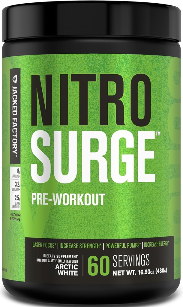 Jacked Factory NITROSURGE Preworkout Supplement - Ατελείωτη Ενέργεια, Άμεση Ενίσχυση Κερδίζει, Καθαρή Εστίαση, Έντονες Αντλίες - ΟΧΙ Booster & Ισχυρή Preworkout Ενέργεια Σκόνη - 60 Υπηρεσίες, Αρκτική Λευκό