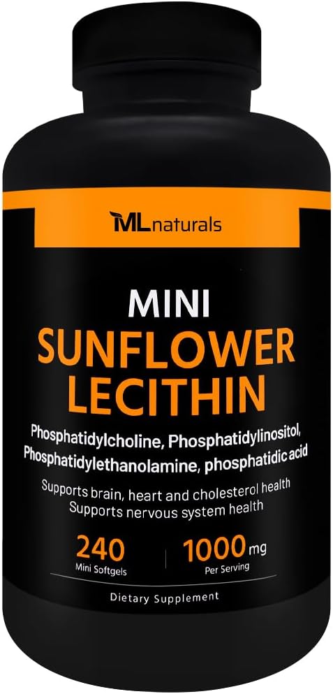 ML Naturals Mini Ηλίανθος Λεκιθίνη 240 Softgels. Φωσφατιδυλοχολίνη, Φωσφατιδυλινοσιτόλη, Φωσφατιδυλοθανολαμίνη, Φωσφατιδικό οξύ, NSF-Certified & cGMP- Compliant
