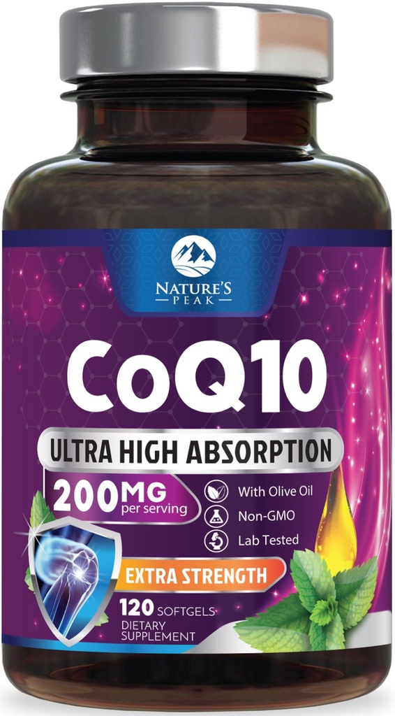CoQ10 Softgels - Εξαιρετικά υψηλής απορρόφησης συνένζυμο Q10 200mg ανά υπηρεσία - Co Q 10 συμπλήρωμα Softgel με μαύρο πιπέρι, ενέργεια & καρδιά Υποστήριξη αντιοξειδωτικό - για γυναίκες & άνδρες, εμφιαλωμένο ΗΠΑ - 120 Softgels