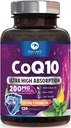 CoQ10 Softgels - Εξαιρετικά υψηλής απορρόφησης συνένζυμο Q10 200mg ανά υπηρεσία - Co Q 10 συμπλήρωμα Softgel με μαύρο πιπέρι, ενέργεια & καρδιά Υποστήριξη αντιοξειδωτικό - για γυναίκες & άνδρες, εμφιαλωμένο ΗΠΑ - 120 Softgels