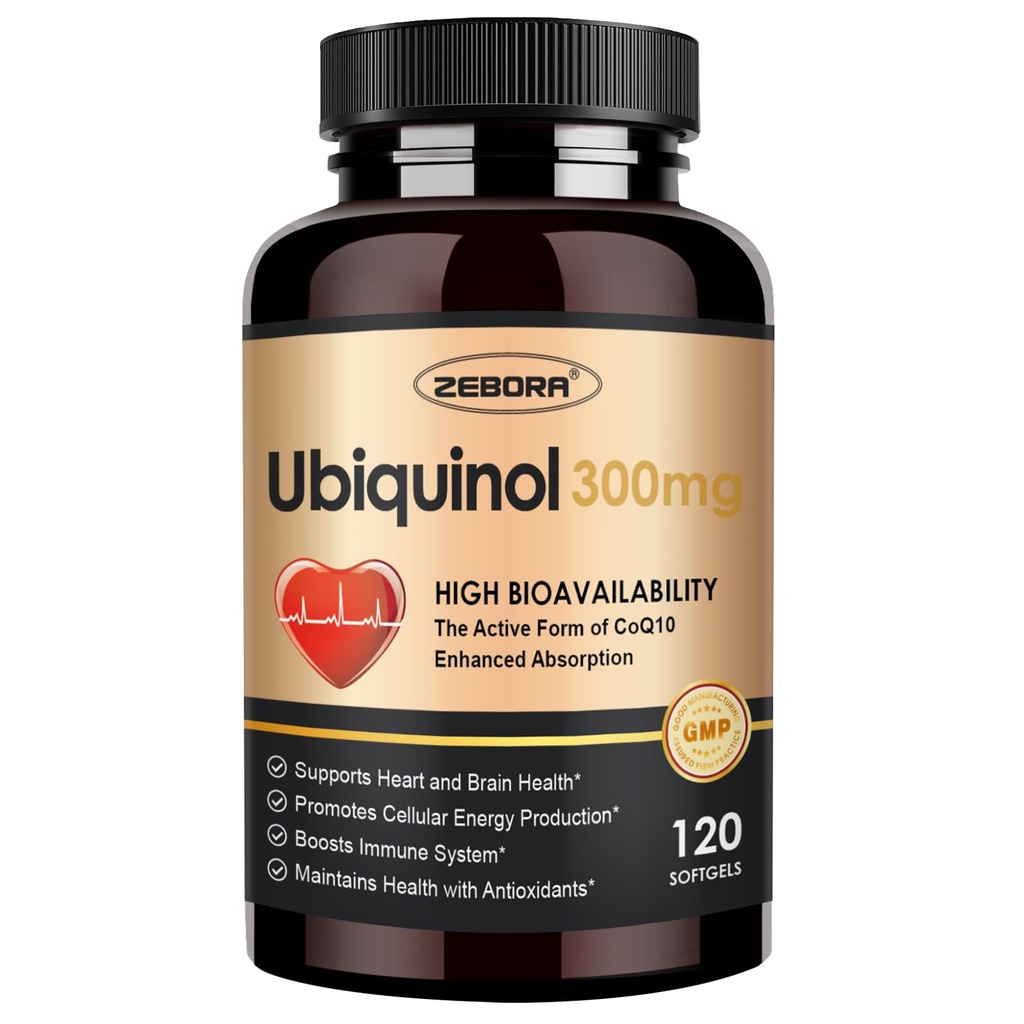 ZEBORA Ubiquinol CoQ10 300mg Softgels, 4-σε-1 Ισχυρό Αντιοξειδωτικό για την καρδιά και την αγγειακή υγεία, Απαραίτητη για την παραγωγή ενέργειας, Max Απορρόφηση Ενεργή μορφή CoQ10, 120 Softgels