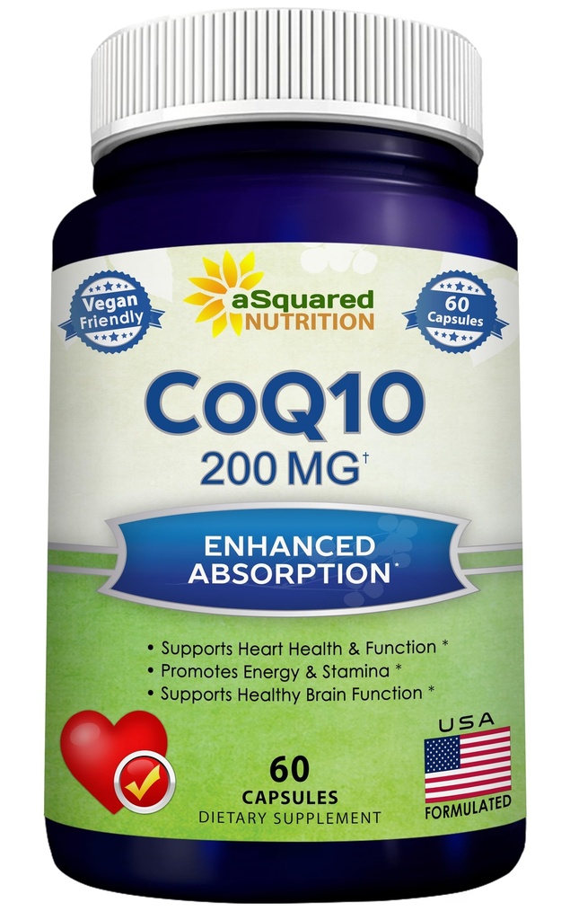 aSquared Nutrition CoQ10 200mg - 60 Capsules - CO Q 10 Supplement - Coenzyme Q10 Ubiquinone Pills - Vegan CoQ-10 Extra Antioxidant Vitamin - Alternative to Softgels & Gummies