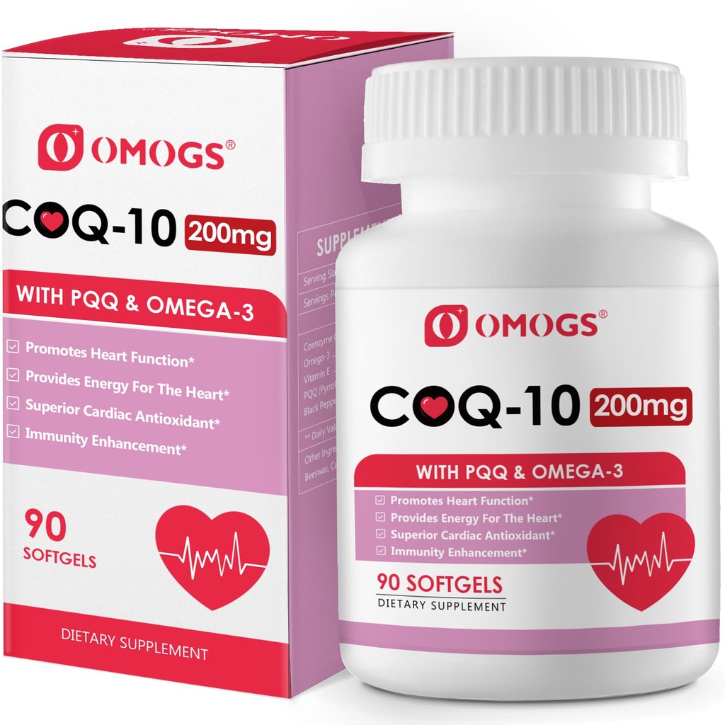 OMOGS CoQ10 200mg Softgels, Συνένζυμο Q10 Συμπληρώματα Υψηλής Απορρόφησης Υποστήριξη Καρδιά Υγεία, Καρδιαγγειακή Υγεία, Ανοσολογικό Σύστημα & Κυτταρική Παραγωγή Ενέργειας, Χωρίς Γλουτένη, 90 Softgels