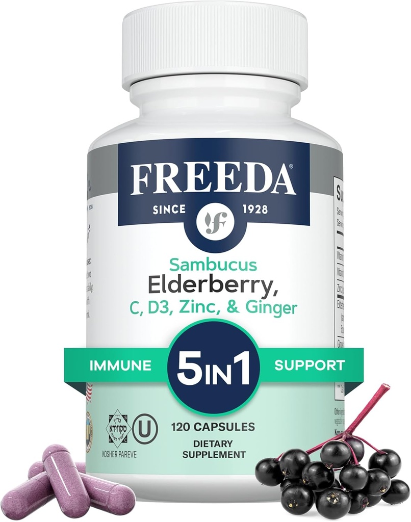FREEDA Sambucus Elderberry με βιταμίνη C, ψευδάργυρο, βιταμίνη D3 & Ginger - 5 σε 1 βοτανικό αντιοξειδωτικό ανοσοποιητικό συμπλήρωμα υποστήριξης για γυναίκες & άνδρες - Χωρίς γλουτένη κάψουλες ενηλίκων Elderberry, USA Made (120 Count)