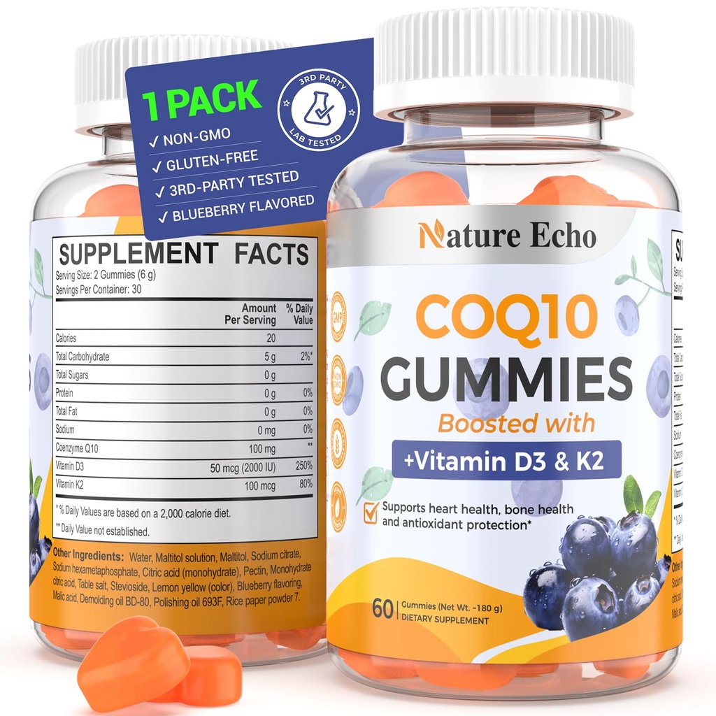 Nature Echo® CoQ10 Gummies 100mg, CoQ10 Supplement with Vitamin D3 & K2, Coenzyme Q10 Supplement Blueberry Flavor, Sugar Free, Heart Health, Bone Support & Antioxidant, Vegan, Non-GMO 60 Gummies