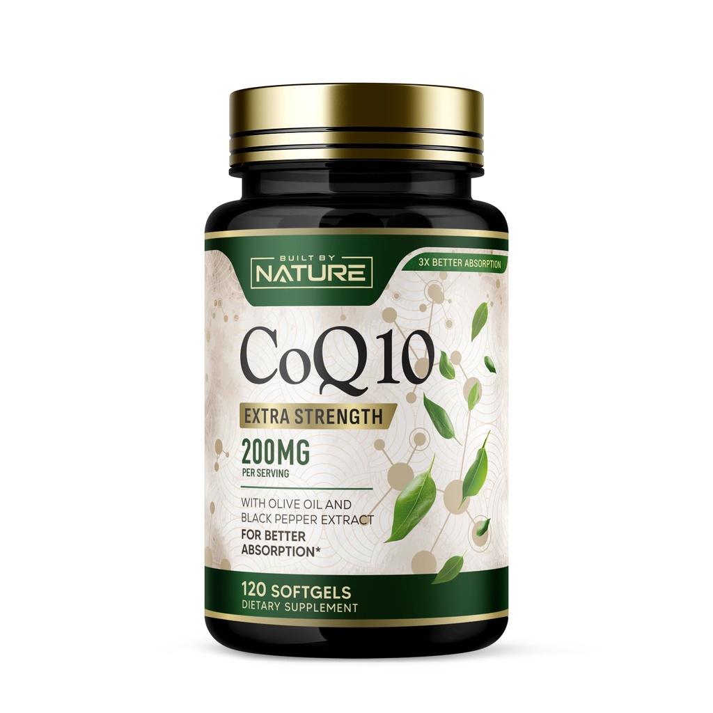 Built by Nature CoQ10 200 mg – Coenzyme Q10 with Olive Oil and Black Pepper for High Absorption – Supports Heart Health & Energy – Antioxidant Supplement– 2 Month Supply, 120 Softgels