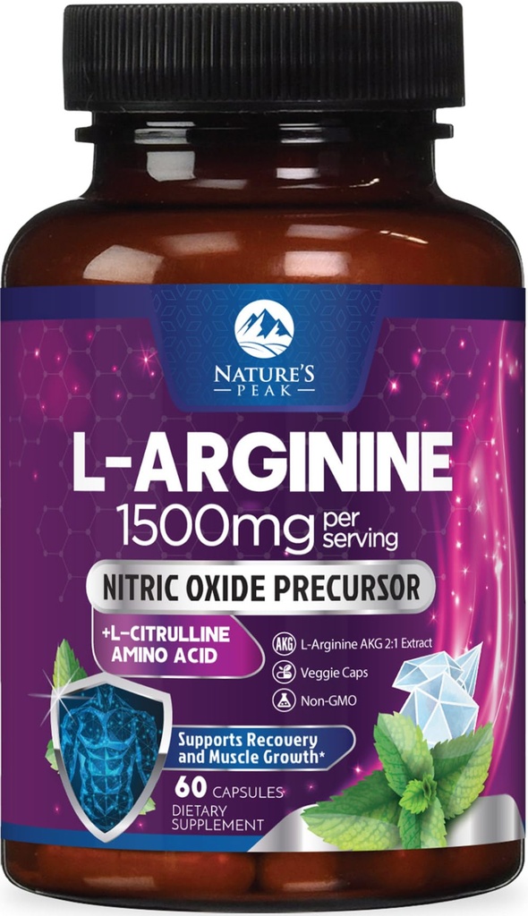 L-Arginine Complex - Extra Strength Nitric Oxide Booster Supplement - Premium Energy Blend for Natural Heart Health & Muscle Support - Μη ΓΤΟ, Κατασκευασμένο για άνδρες και γυναίκες, Εμφιαλωμένο ΗΠΑ - 60 Κάψουλες