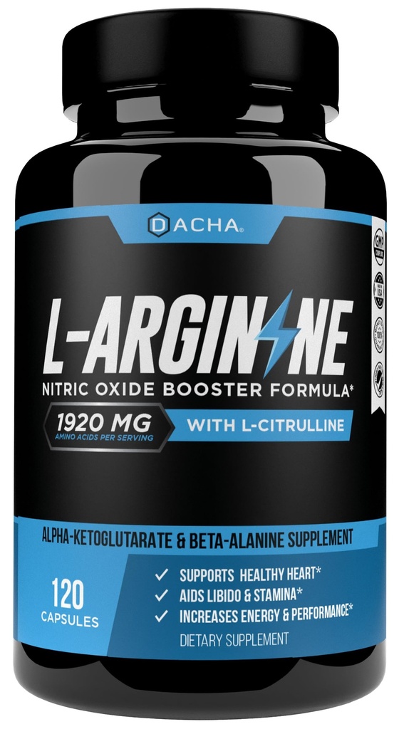 DACHA Premium L χάπια αργινίνης 1920 MG - 120 VCAPS AAKG Πρόδρομος νιτρικού οξειδίου, L-Citrulline HCL, Beta Alanine, Essential Amino Acids for Energy, Muscle Growth, Heart Health, Vascularity & Stamina