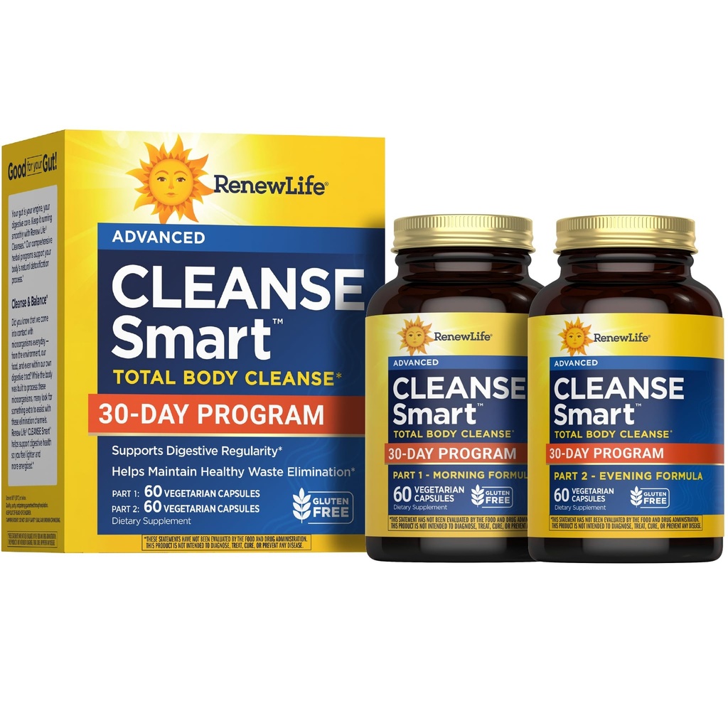 Renew Life Cleanse Smart Advanced Total Body Program, 2-Part Detox Cleanse Promotes Digestive Regularity and Supports Αποβολή Αποβλήτων, Φυτική ανάμειξη με μαγνήσιο, σόγια και χωρίς γλουτένη, 120 Count