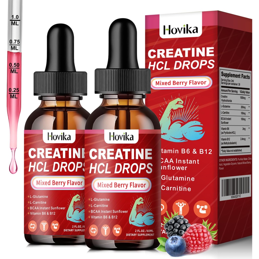 Creatine HCL Υγρές σταγόνες για άνδρες & γυναίκες, Υδροχλωρική κρεατίνη με L-καρνιτίνη, L-Γλουταμίνη, BCAA, Βιταμίνη B12 & B6 για μυϊκή ανάπτυξη & ανάκτηση-Vegan, μικτή γεύση μούρου, 4 Fl Oz