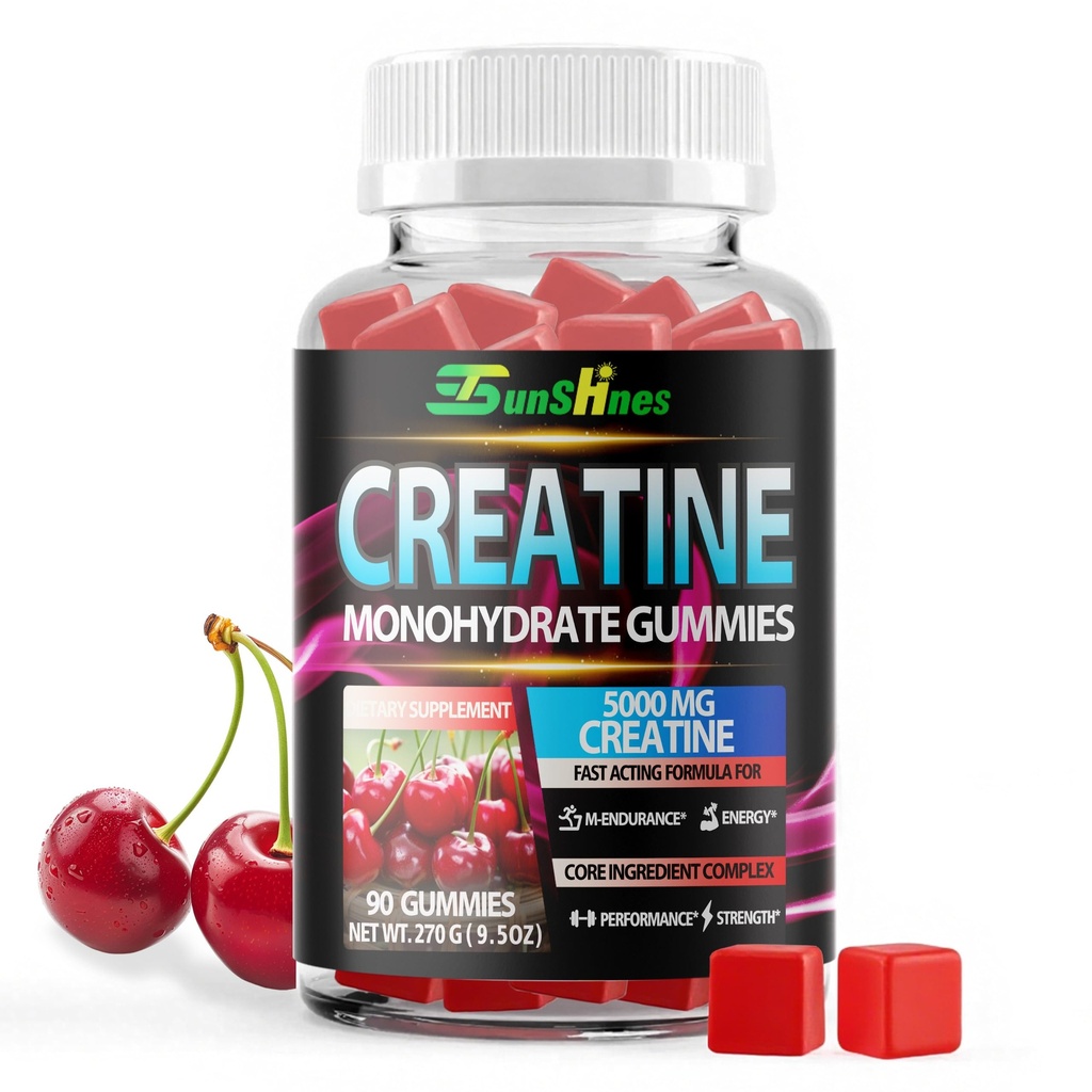 Creatine Monohydrate Gummies 5g (5000mg), Sugar-Free Creatine, Pre-Workout Energy, Veg, Non-GMO, for Men & Women - 90 Count Cherry Flavor
