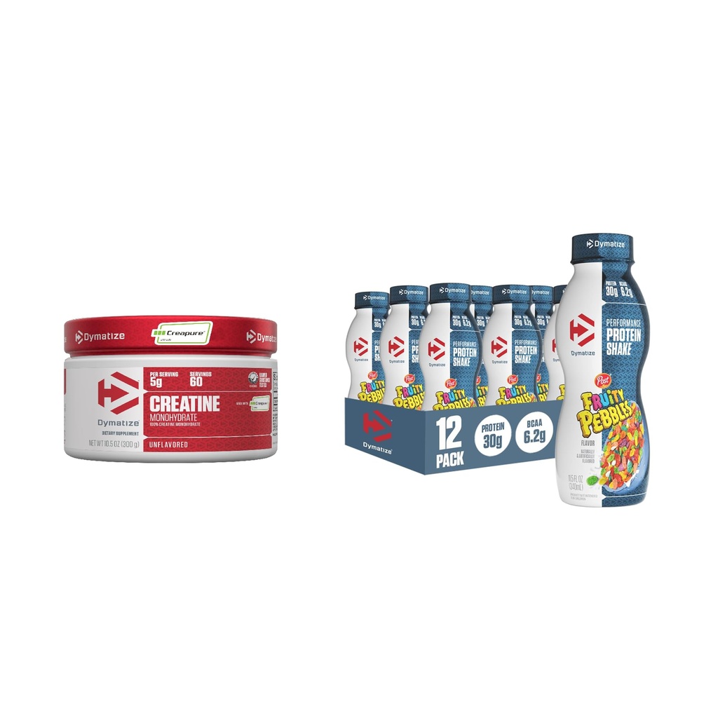 Δέσμη πρωτεϊνικών ανακινήσεων Dymatize Performance, Fruity Pebbles (12 συσκευασία) + 100% Creatine Monohydrate with Creapure (60 Servings)