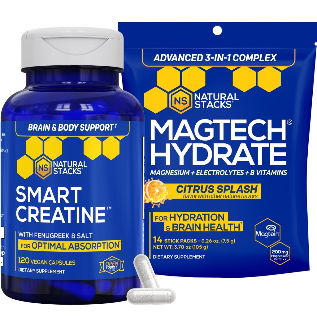ΦΥΣΙΚΑ STACKS Creatine Monohydrate & Magtech Hydrate Bundle - 2500mg Creatine + 200mg Στοιχειώδες μαγνήσιο ανά υπηρεσία - Υποστηρίζει την ενυδάτωση, την υγεία του εγκεφάλου και την αντοχή - 44 Σύνολο εξυπηρετήσεων