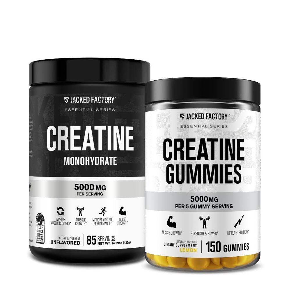 Jacked Factory Creatine Monohydrate Gummies (150 Gummies, Lemon) & Creatine Monohydrate Powder (85 Σερβιέτες, Χωρίς άρωμα)