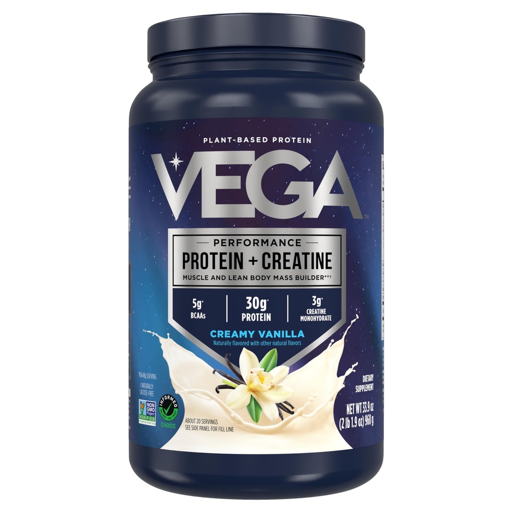 Πρωτεΐνη Vega + Creatine - 30g Πρωτεΐνη με βάση το φυτό, Βανίλια, 20 μερίδες, 3g Creatine, 5g BCAAs, Vegan, Keto, Χωρίς γλουτένη, χωρίς γαλακτοκομικά, χαμηλή υδατάνθρακες, για μυϊκή ανάπτυξη & επισκευή, μείγμα ποτών, 33.9oz