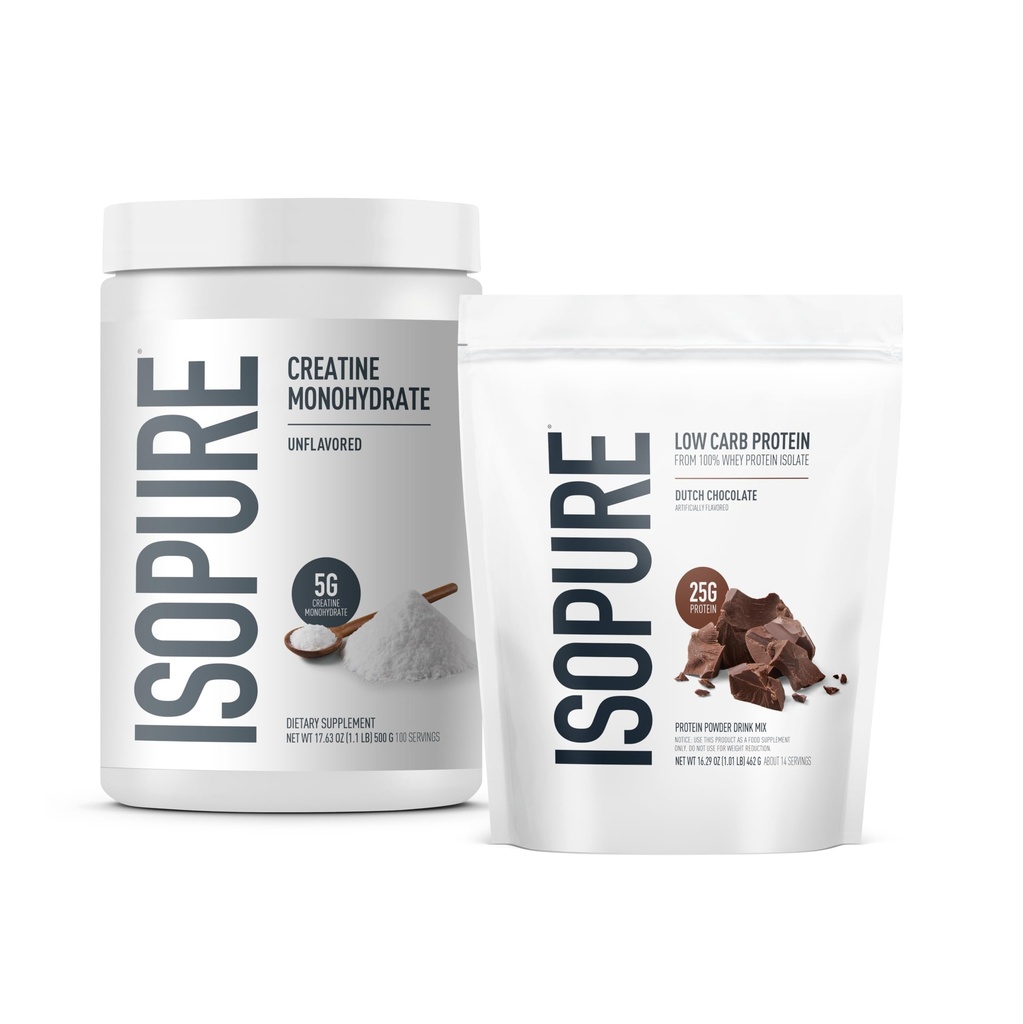 Isopure Δέσμη χαμηλής περιεκτικότητας σε υδατάνθρακες 100% καθαρή σκόνη απομονωμένης πρωτεΐνης Whey, Ολλανδική σοκολάτα, 25g πρωτεΐνης ανά σερβίς, 1 Lb, 15 σερβιέτες + ισοπρές 100% καθαρή σκόνη μονοένυδρης κρεατίνης, 100 σερβιέτες