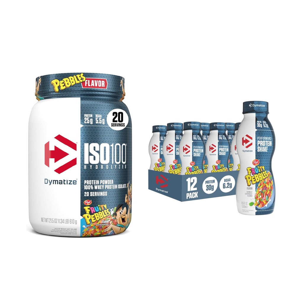 Πακέτο πρωτεϊνης Dymatize Performance Shake, Fruity Pebbles (12 συσκευασία) + ISO100 Whey Protein Powder Isolate, Fruity Pebbles (20 μερίδες)