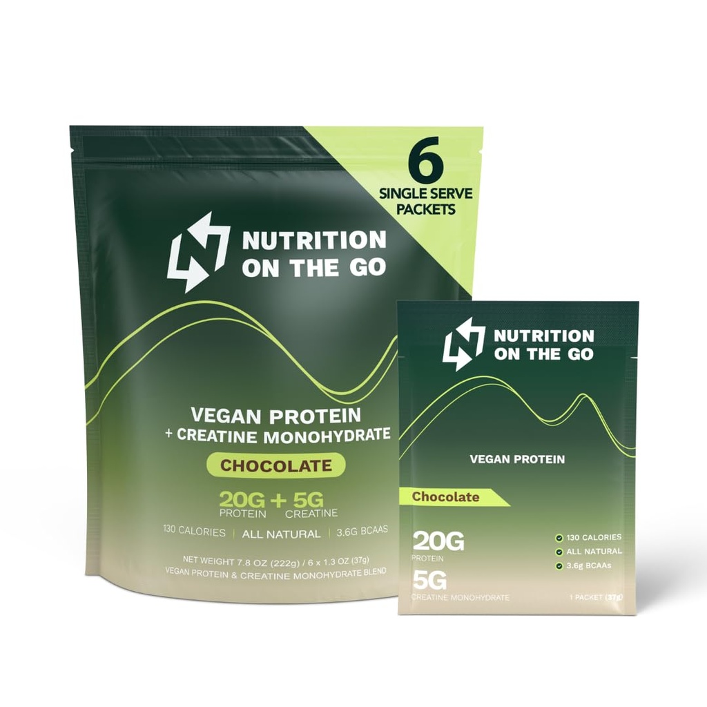 Διατροφή On The Go Vegan Protein Powder Packets με Creatine – 20g Πρωτεΐνες φυτών + 5g Creatine – Single-Serve Travel Protein Powder – Όλα φυσικά, χωρίς γλουτένη – Σοκολάτα – (6-Pack)