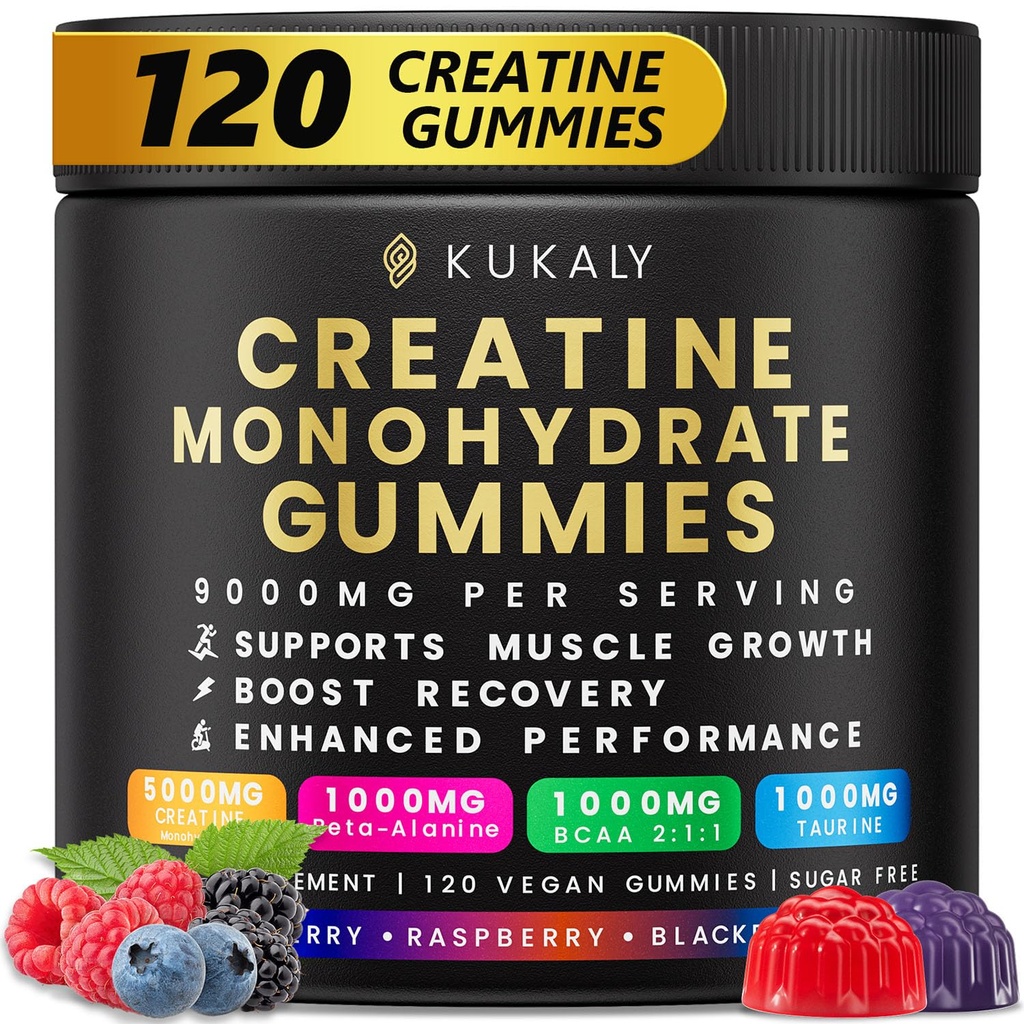 KUKALY Creatine Monohydrate Gummies for Men & Women, 9000MG Creatine Gummies Sugar Free - Μικτή Γεύση με L-Taurine, BCAA 2:1, B12 B6 για Ενίσχυση Δύναμης, Εστίασης & Αντοχής, Vegan, Non-GMO, 120pcs