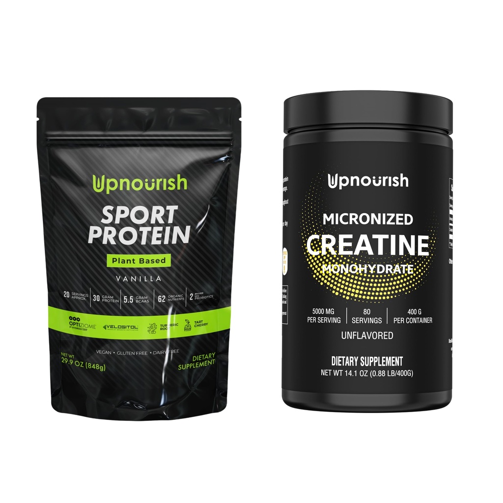UpNourish Vegan Αθλητισμός Πρωτεΐνη Βανίλια και μικρονωμένη κρεατίνη