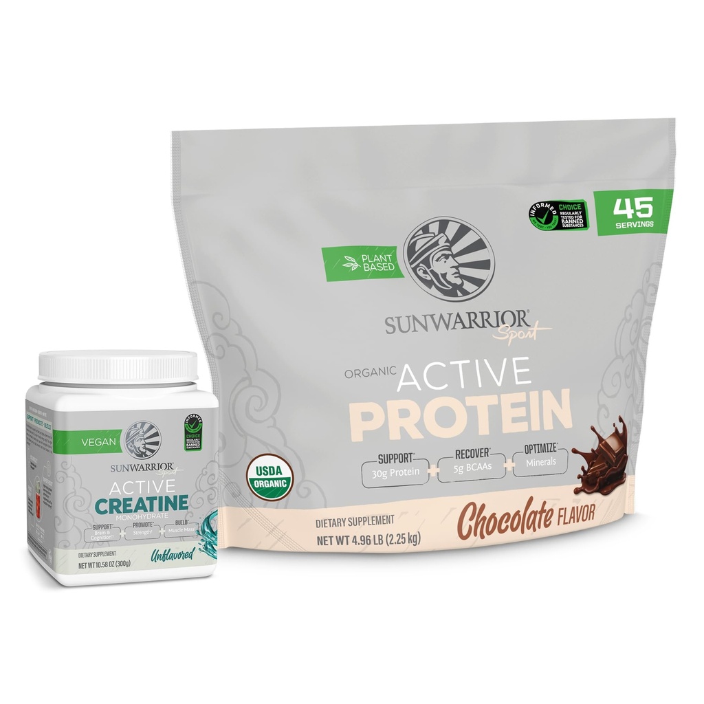 Sunwarrior Active Protein Powder Plant Βασισμένο σε 45 εξυπηρετήσεις Σοκολάτα Γεύση & Creatine Μονοϋδρική σκόνη 60 Σερβίρει