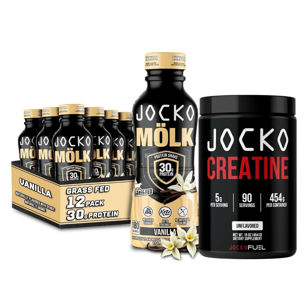 Jocko Mölk Grass Fed Protein Shakes - Ready to Drink (Pack of 12) Vanilla + Jocko Creatine