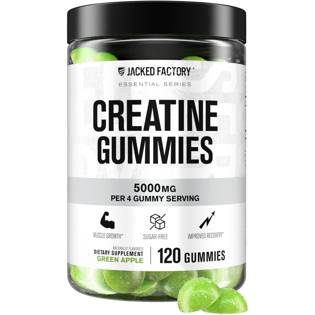 Jacked Factory Sugar Free Creatine Gummies - 5g Ημερήσια Δόση (1,25g ανά Gummy) - Create Gummy Sugar Free για άνδρες και γυναίκες, Vegan-Friendly, Third-Party Tested - 120 Gummies, Green Apple