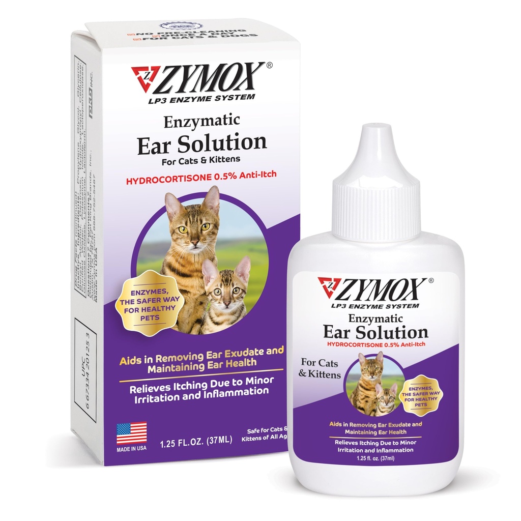 Zymox Enzymatic Ear Solution με 0,5% υδροκορτιζόνη για γάτες & γατάκια, 1,25 oz. – Καθαρίζει & ανανεώνει τη διώρυγα του αυτιού για ανακούφιση από το κερί, τη βρωμιά Buildup, την φαγούρα, τον ερεθισμό, τη φλεγμονή και την ερυθρότητα
