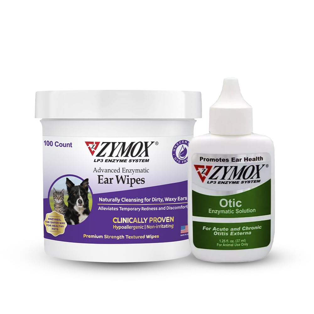 PET KING BRANDS ZYMOX Ενζυματικά Σκουπίδια Αυτιών & Οτική Λύση Υδροκορτιζόνη Δωρεάν για Σκύλους & Γάτες - Product Bundle - για Βρώμικα, Κερασμένα, Μυρωδάτα Αυτιά & για Λοιμώξεις κατά της Σούθης, 100 Count Wipes & 1.25oz Φιάλη