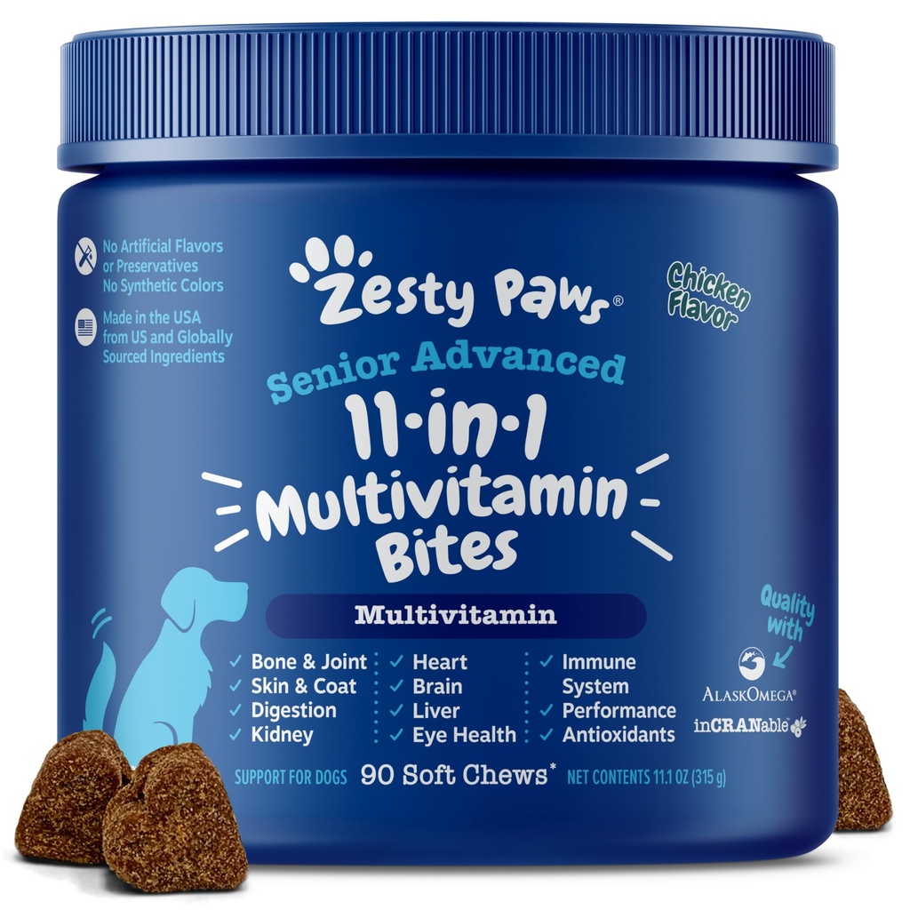 Zesty Paws Senior Dog Multivitamin Treats - Γλυκοζαμίνη για σκύλους + Digestive Enzymes & Probiotics - Βιταμίνες χωρίς σιτηρά και συμπληρώματα για το δέρμα & παλτό + Ανοσοποιητικό κοτόπουλο υγείας - Advanced - 90ct