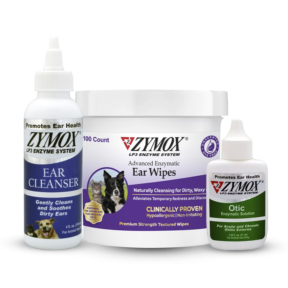 PET KING BRANDS ZYMOX Ενζυμικά Σκουπίδια Αυτιών, Καθαριστικό Αυτιών, Λύση Οτικού Αυτιού για Σκύλους και Γάτες - Product Bundle - για Βρώμικα, Κερασμένα, Μυρωδάτα Αυτιά και για Λοιμώξεις Αυτιών Soothe, 100 ct, 4 oz και 1,25 oz