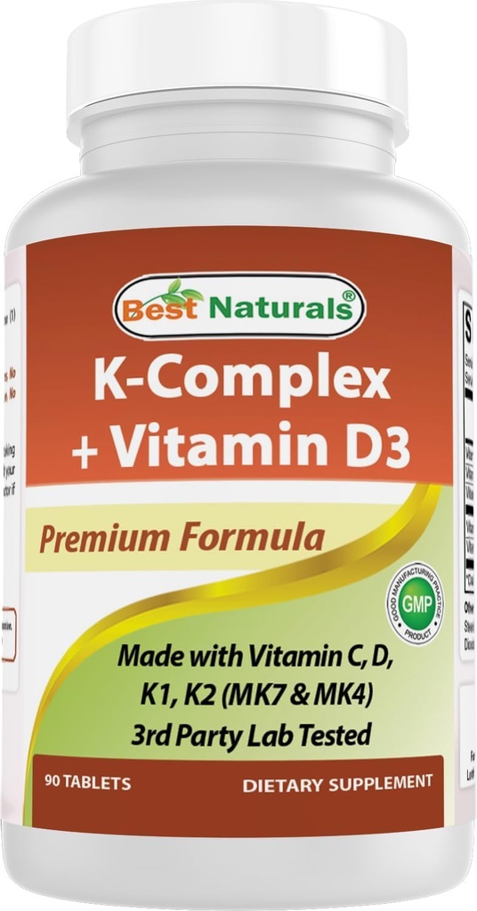 Best Naturals K-Complex με K1 (Phytonadione 1500 mcg + K2 ως Menaquinone 100 mcg + K2 ως MK-4 1000 mcg) + D3 + VIT. C - 90 δισκία - Κατασκευασμένα στις ΗΠΑ