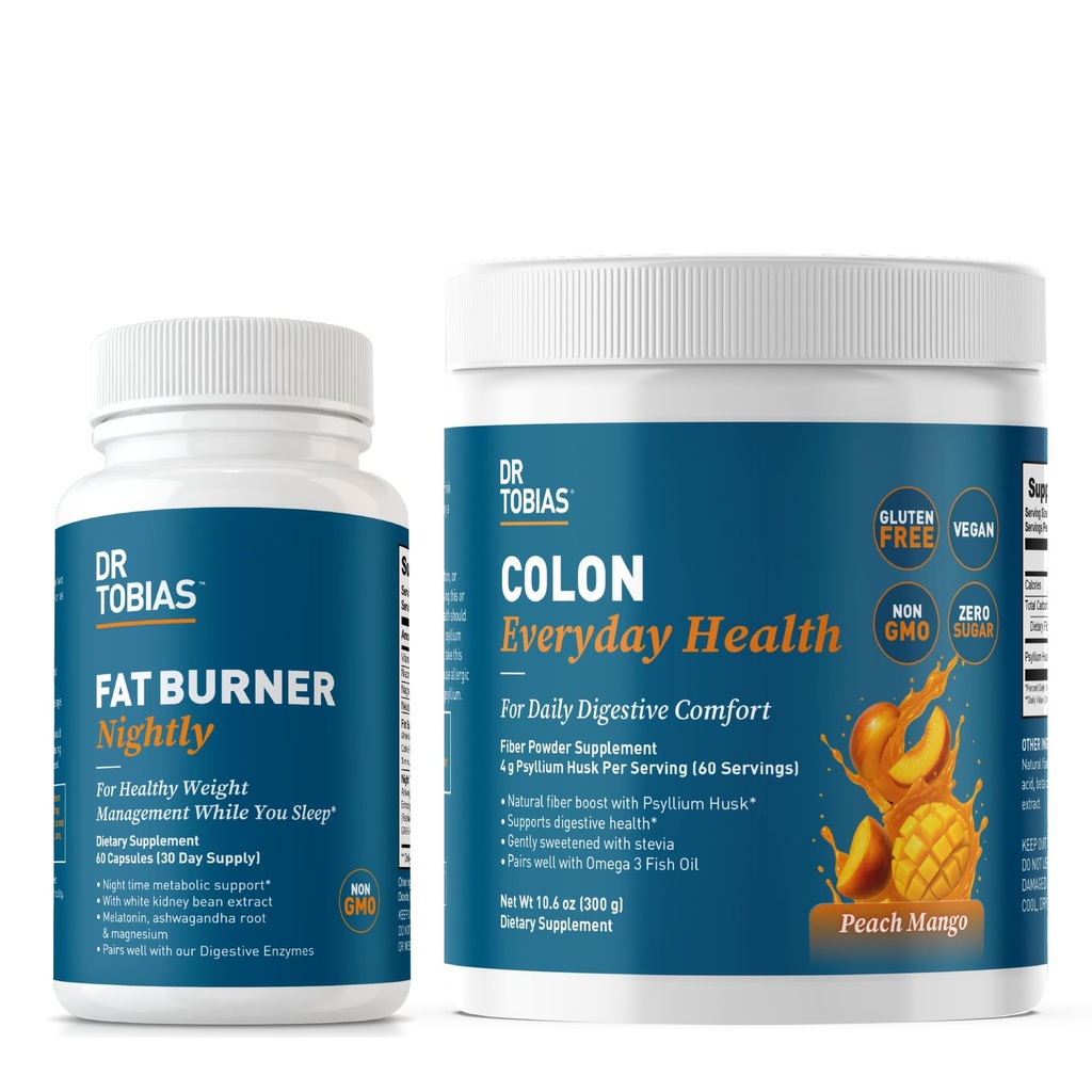 Dr. Tobias Fat Burner Nightly & Colon Everyday Health Ροδάκινο μάνγκο – Νυχτερινή Μεταβολισμός Υποστήριξη & Καθημερινή Psyllium Fiber Drink for Digestive Health